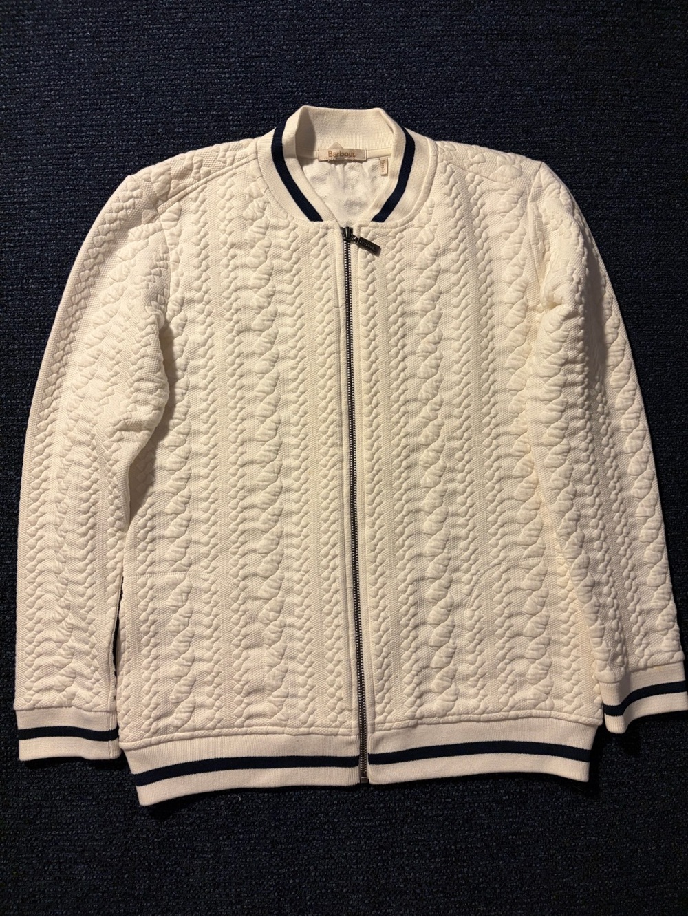 Barbour White Quilted Zip-Front Bomber with Navy Trim
